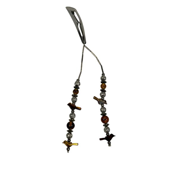 Hair Barrette Tortoiseshell Birds Silver Beaded Hair Clip Dangle Goody - Picture 1 of 7
